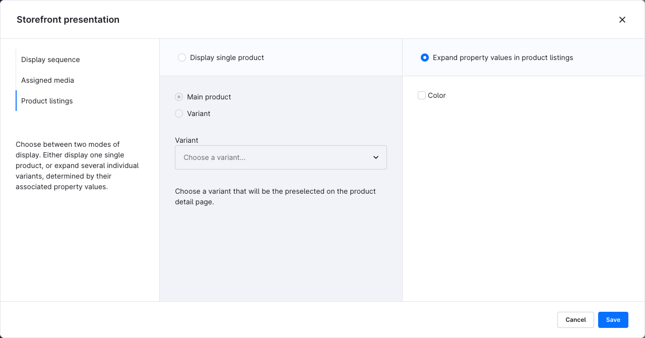 Product listings in Storefront presentation: “Expand property values in product listings” is selected; Main product and Variant are greyed out.