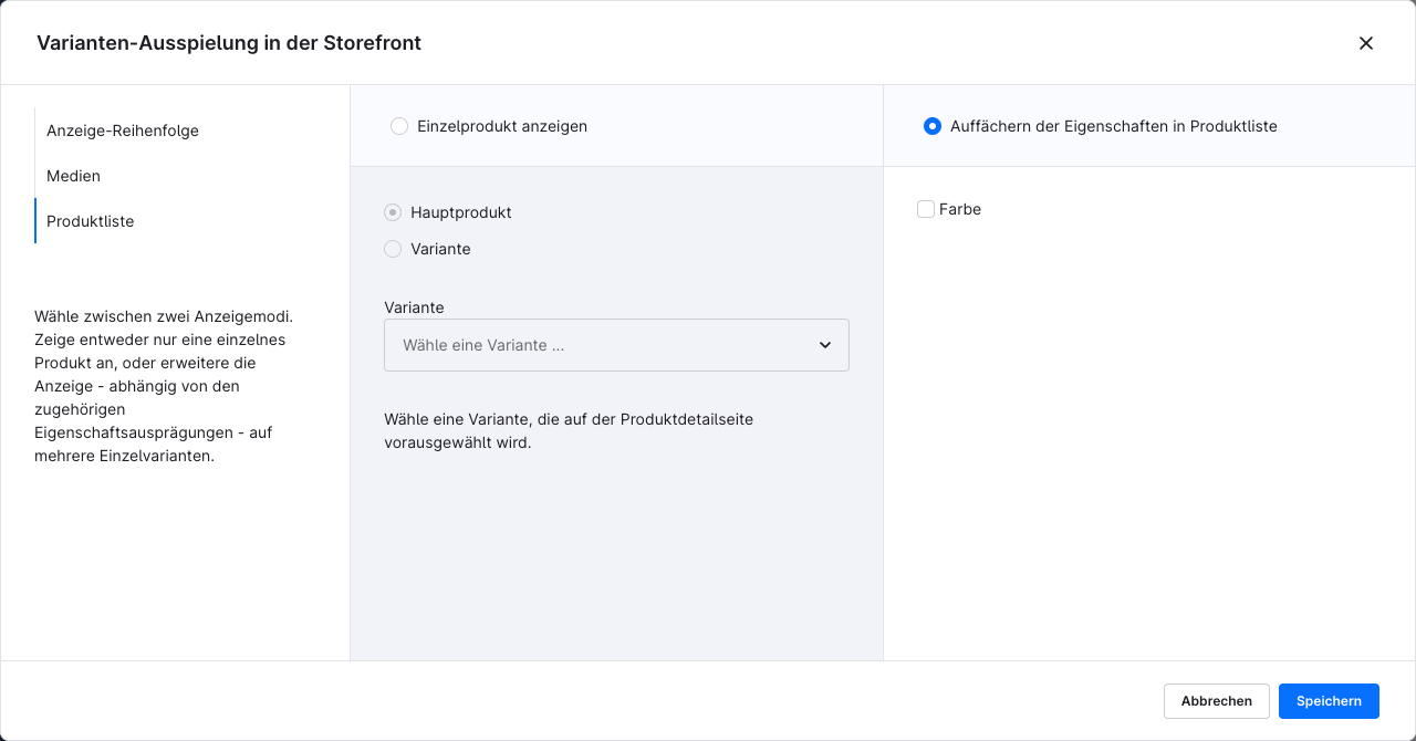 Produktliste in der Storefront-Darstellung: „Auffächern der Eigenschaften in Produktliste“ ist ausgewählt; Hauptprodukt und Variante sind ausgegraut.