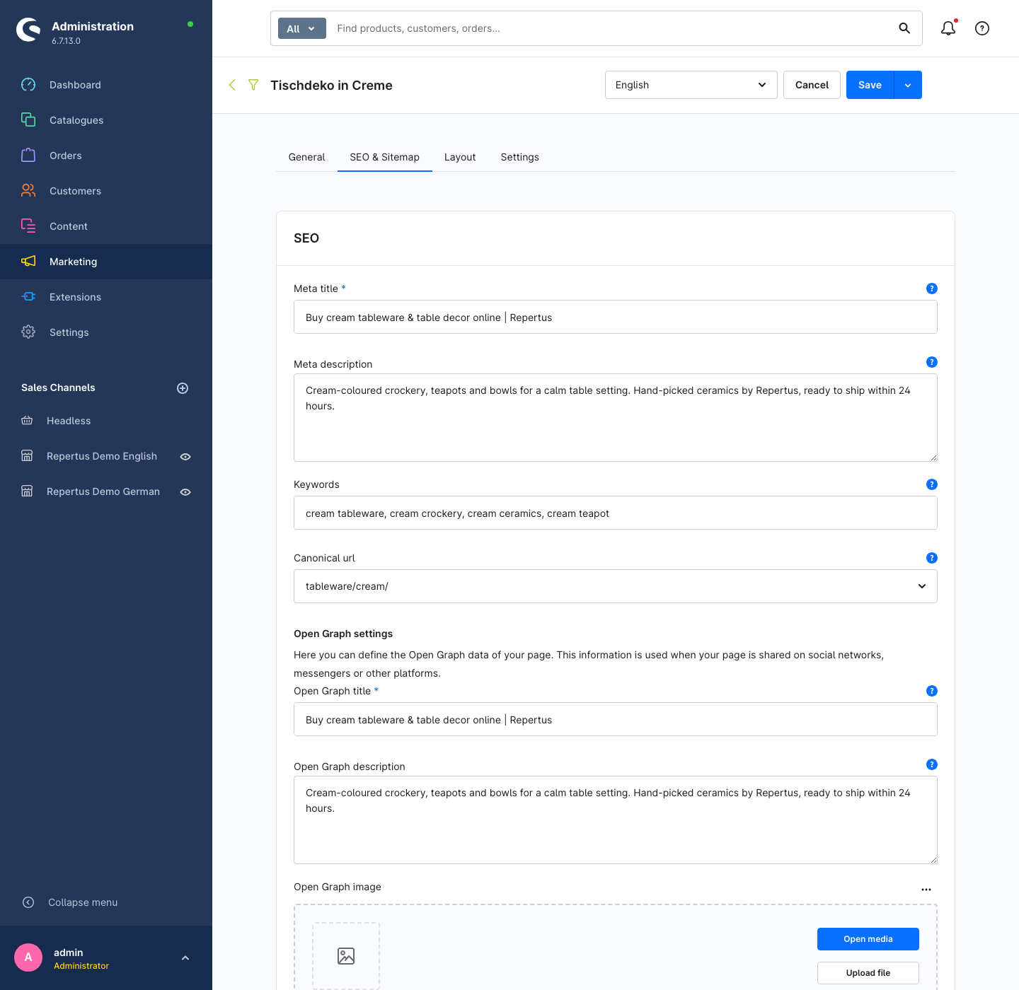 SEO & Sitemap tab