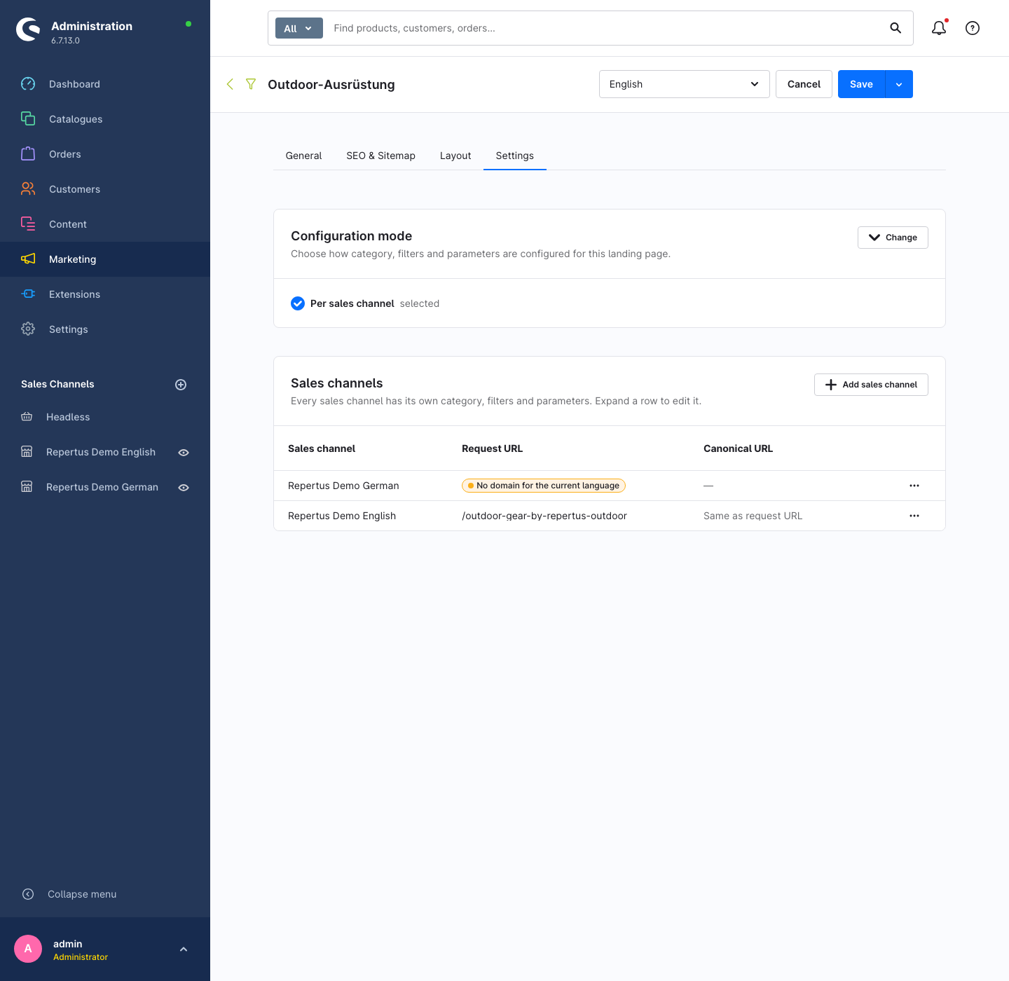 Settings tab in per sales channel mode