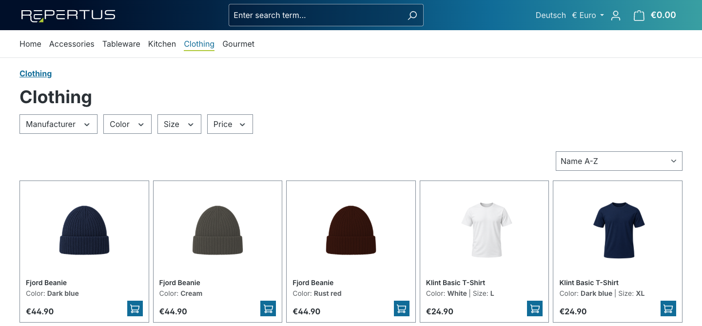 Product listing with one entry per colour: the Fjord Beanie appears in Dark blue, Cream and Rust red.