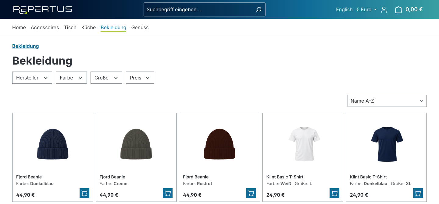 Produktübersicht mit einem eigenen Eintrag je Farbe: Der Fjord Beanie erscheint in Dunkelblau, Creme und Rostrot.